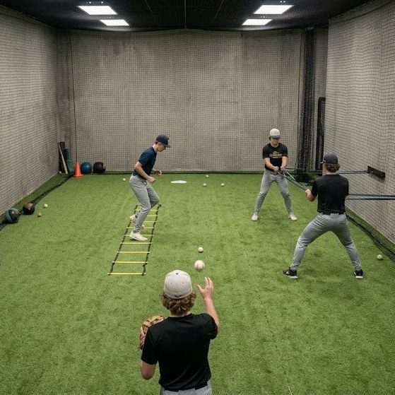 TI Baseball Academy players running through agility, hitting, and footwork drills inside the indoor training cage